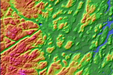 This colour shaded relief image contains evidence of faulting and fractures of the country rock, as displayed by the various lineaments and sharp edges detected in the DEM