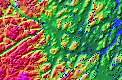 Linearly enhanced chromadepth colour-shaded relief with the known contacts (blue) and faults (black) overlaid on top as vectors. The large fault in the top left of the image stops abruptly but may extend along the deep valley off of the edge of this image.