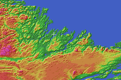 Makkovik study area displayed as a chromadepth colour shaded relief image. 