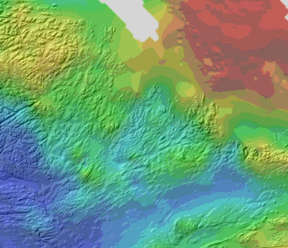 Bouguer Gravity plus Shaded Relief image